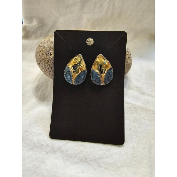 Unique Artistic Post Earrings Statement Jewelry Gold Tone MCM Blue Swirl Mosaic - Picture 6 of 6